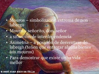 Mouros – simbolización extrema de non labrego Mouro – señorito, don, señor a situación de interdependencia Asimetria – a posición de desventaxe do labrego (teñen que entregar algúns bienes aos mouros) Para demostrar que existe unha vida mellor 