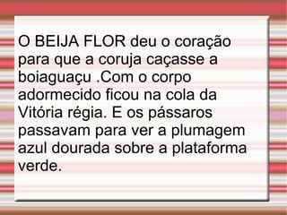 O BEIJA FLOR deu o coração para que a coruja caçasse a boiaguaçu .Com o corpo adormecido ficou na cola da Vitória régia. E os pássaros passavam para ver a plumagem azul dourada sobre a plataforma verde.