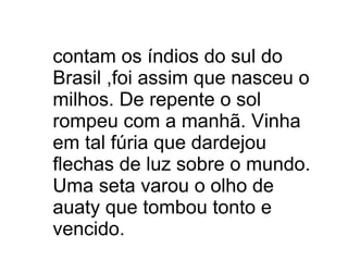 contam os índios do sul do Brasil ,foi assim que nasceu o milhos. De repente o sol rompeu com a manhã. Vinha em tal fúria que dardejou flechas de luz sobre o mundo. Uma seta varou o olho de auaty que tombou tonto e vencido.