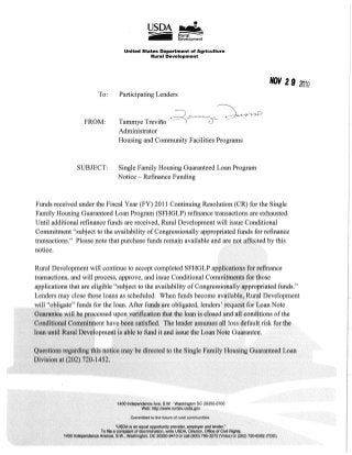 USDA Lenders - Refinance Funding Notice - 11-29-2010