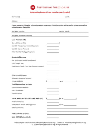 PF        Preventing Foreclosure

                            Information Request from Loan Servicer (Lender)

Borrower(s):                                                                   Loan #:

Address:

Please supply the following information about my account. The information will be used to help propose a loss
mitigation plan, if possible.

Mortgage Investor:                                                  Investor Loan #:

Mortgage Insurance Company:

Loan Payment Info:
Current Interest Rate:                                              %
Monthly Principal and Interest Payment:
Monthly Escrow Payment:
Total Monthly Mortgage Payment:


Amount of Arrears:
Due for (Earliest unpaid installment):
Late Charges Due:
Foreclosure Fees & Costs Due: (itemize charges)




Other Unpaid Charges:
Balance in Suspense Account:
TOTAL ARREARS:                                    $                   (as of                  )
Total Balance Due on Loan:
Unpaid Principal Balance:
Past Due Interest:
Unpaid Escrow:


TOTAL AMOUNT DUE ON LOAN (PAY-OFF)                $                  (as of                   )
Per Diem Interest:
Date of Most Recent BPO/Appraisal:                                   Value:
Other Comments:


FORECLOSURE STATUS:
SALE DATE (if scheduled):


   Find a complete set of solutions at PreventingForeclosure.org | Contact us: info@preventingforeclosure.org
                              © 2008 PreventingForeclosure.org · All rights reserved.
 