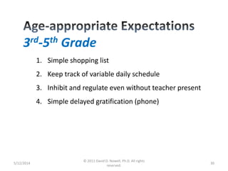 5/12/2014
© 2011 David D. Nowell, Ph.D. All rights
reserved.
30
1. Simple shopping list
2. Keep track of variable daily schedule
3. Inhibit and regulate even without teacher present
4. Simple delayed gratification (phone)
3rd-5th Grade
 