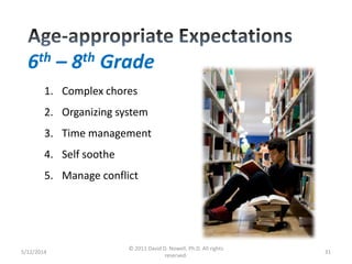 5/12/2014
© 2011 David D. Nowell, Ph.D. All rights
reserved.
31
1. Complex chores
2. Organizing system
3. Time management
4. Self soothe
5. Manage conflict
6th – 8th Grade
 