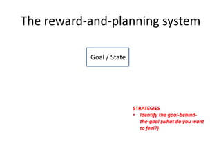 The reward-and-planning system
Goal / State
STRATEGIES
• Identify the goal-behind-
the-goal (what do you want
to feel?)
 