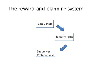 The reward-and-planning system
Goal / State
Identify Tasks
Sequence/
Problem solve
 