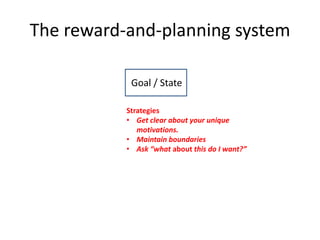 The reward-and-planning system
Goal / State
Strategies
• Get clear about your unique
motivations.
• Maintain boundaries
• Ask “what about this do I want?”
 