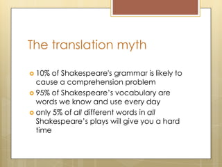 The translation myth
 10% of Shakespeare's grammar is likely to
cause a comprehension problem
 95% of Shakespeare’s vocabulary are
words we know and use every day
 only 5% of all different words in all
Shakespeare’s plays will give you a hard
time
 