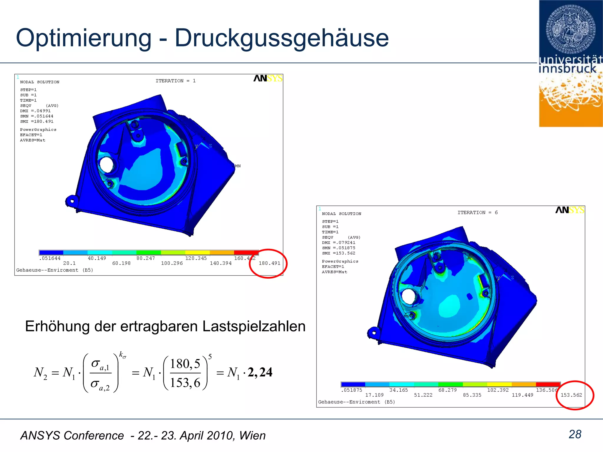 ANSYS Conference - 22.- 23. April 2010, Wien
Optimierung - Druckgussgehäuse
28
5
,1
2 1 1 1
,2
180,5
153,6
k
a
a
N N N N 2,24
Erhöhung der ertragbaren Lastspielzahlen
 