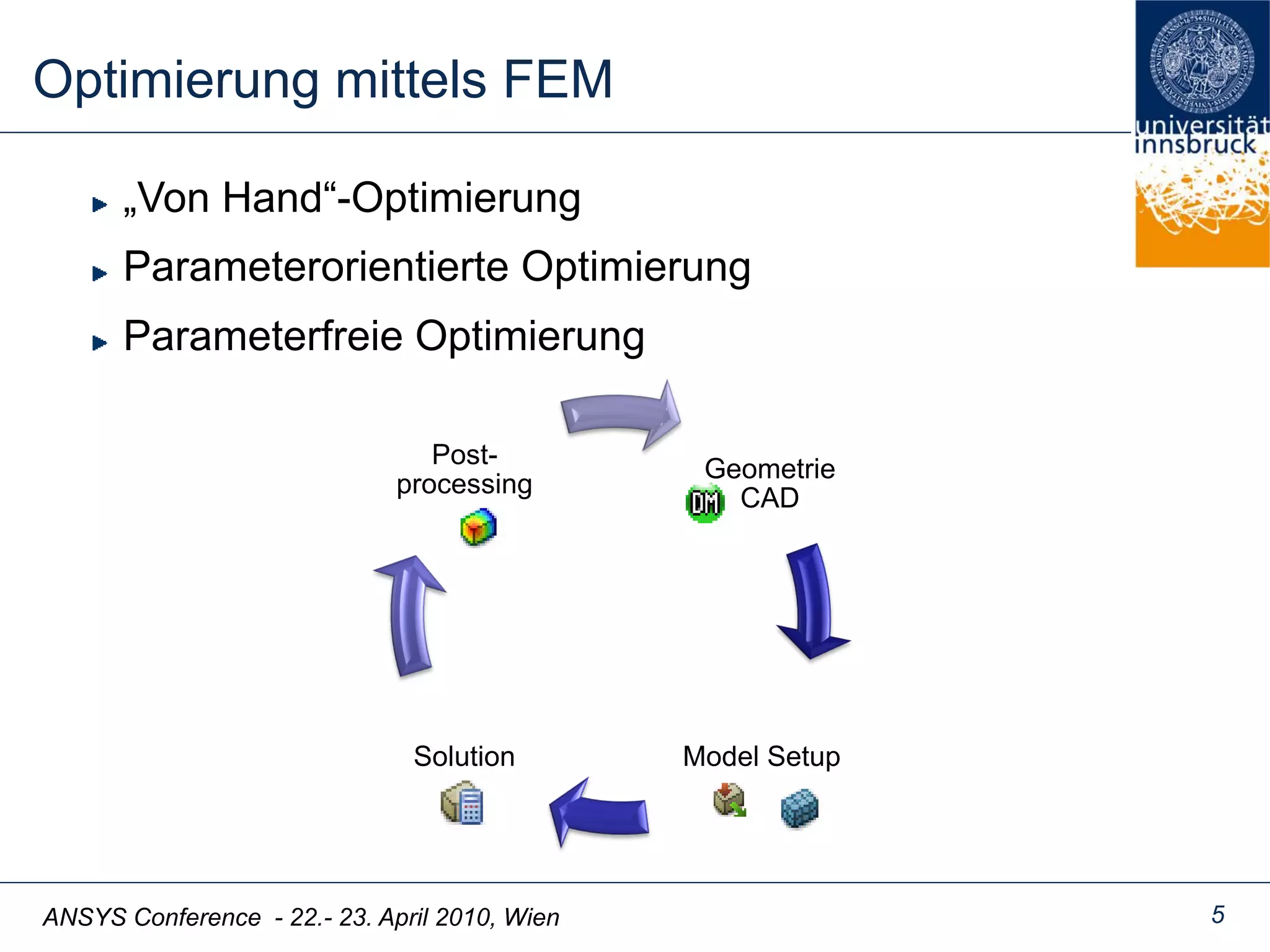 ANSYS Conference - 22.- 23. April 2010, Wien
Optimierung mittels FEM
5
„Von Hand“-Optimierung
Parameterorientierte Optimierung
Parameterfreie Optimierung
Geometrie
CAD
Model SetupSolution
Post-
processing
 