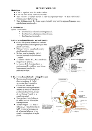 LE NERF FACIAL (VII)
I Définition :
C’est la septième paire des nerfs crâniens.
C’est un nerf mixte (sensitivo-moteur).
Il est constitué d’un nerf moteur: le nerf facial proprement dit et d’un nerf sensitif:
l’intermédiaire de Wrisberg .
Il est doté également de fibres neurovégétatifs innervant les glandes linguales, sous-
maxillaires et sublinguales.
II Les branches :
Le nerf facial donne :
Des branches collatérales intra pétreuses.
Des branches collatérales extra pétreuses.
Des branches terminales.
II-1 Les branches collatérales intra pétreuses :
Grand nerf pétreux superficiel : innerve
la muqueuse bucco-naso-pharyngée et la
glande lacrymale.
Petit nerf pétreux superficiel : se jette
dans le ganglion otique.
Nerf du muscle stapedien (étrier):
innerve le muscle de la Caisse du
Tympan.
Le rameau sensitif du C.A.E : innerve la
muqueuse du tympan.
Le rameau de la fosse jugulaire: se
continue avec le précédent pour former
le rameau auriculaire du
pneumogastrique.
II-2 Les branches collatérales extra pétreuses :
Rameau anastomotique glosso-
pharyngien (anse de Haller) :
se termine dans le ganglion
d’Andersch, inconstant.
Rameau auriculaire postérieur :
innerve les muscles auriculaire
postérieur et supérieur, muscle
du pavillon de l’oreille et le
muscle occipital.
Rameau du stylo-hyïodien et
du VPD: innerve les muscles
correspondants.
Rameau lingual : à la base de
la langue, il s’anastomose avec
le IX et innerve la muqueuse
de la base de la langue et les
muscles palato-glosse et stylo-
glosse.
 