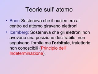 Teorie sull’ atomo Boor : Sosteneva che il nucleo era al centro ed attorno giravano elettroni Icemberg:  Sosteneva che gli elettroni non avevano una posizione decifrabile, non seguivano l’orbita ma l’ orbitale , traiettorie non conoscibili ( Principio dell’ Indeterminazione ). 