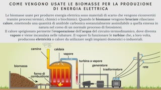 COME VENGONO USATE LE BIOMASSE PER LA PRODUZIONE
DI ENERGIA ELETTRICA
Le biomasse usate per produrre energia elettrica sono materiali di scarto che vengono riconvertiti
tramite processi termici, chimici o biochimici. Quando le biomasse vengono bruciate rilasciano
calore, emettendo una quantità di anidride carbonica sostanzialmente assimilabile a quella emessa in
natura nel corso di un normale processo di fotosintesi.
Il calore sprigionato permette l’evaporazione dell’acqua del circuito termodinamico, dove diventa
vapore e viene incanalata nelle tubature. Il vapore fa funzionare le turbine che, a loro volta,
producono elettricità o calore da utilizzare negli impianti domestici o industriali.


 