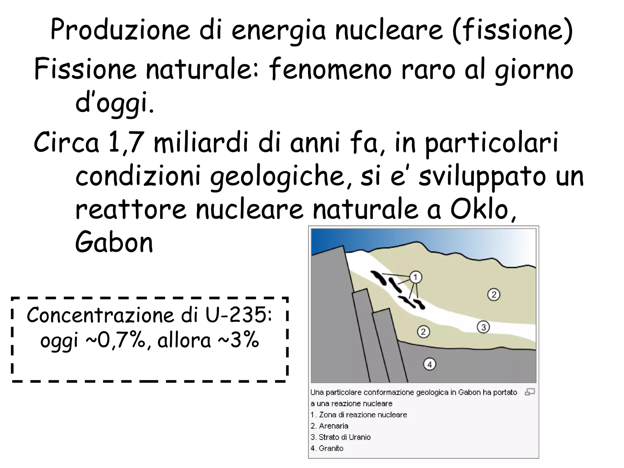 Produzione di energia nucleare (fissione)
Fissione naturale: fenomeno raro al giorno
d’oggi.
Circa 1,7 miliardi di anni fa, in particolari
condizioni geologiche, si e’ sviluppato un
reattore nucleare naturale a Oklo,
Gabon
Concentrazione di U-235:
oggi ~0,7%, allora ~3%
 