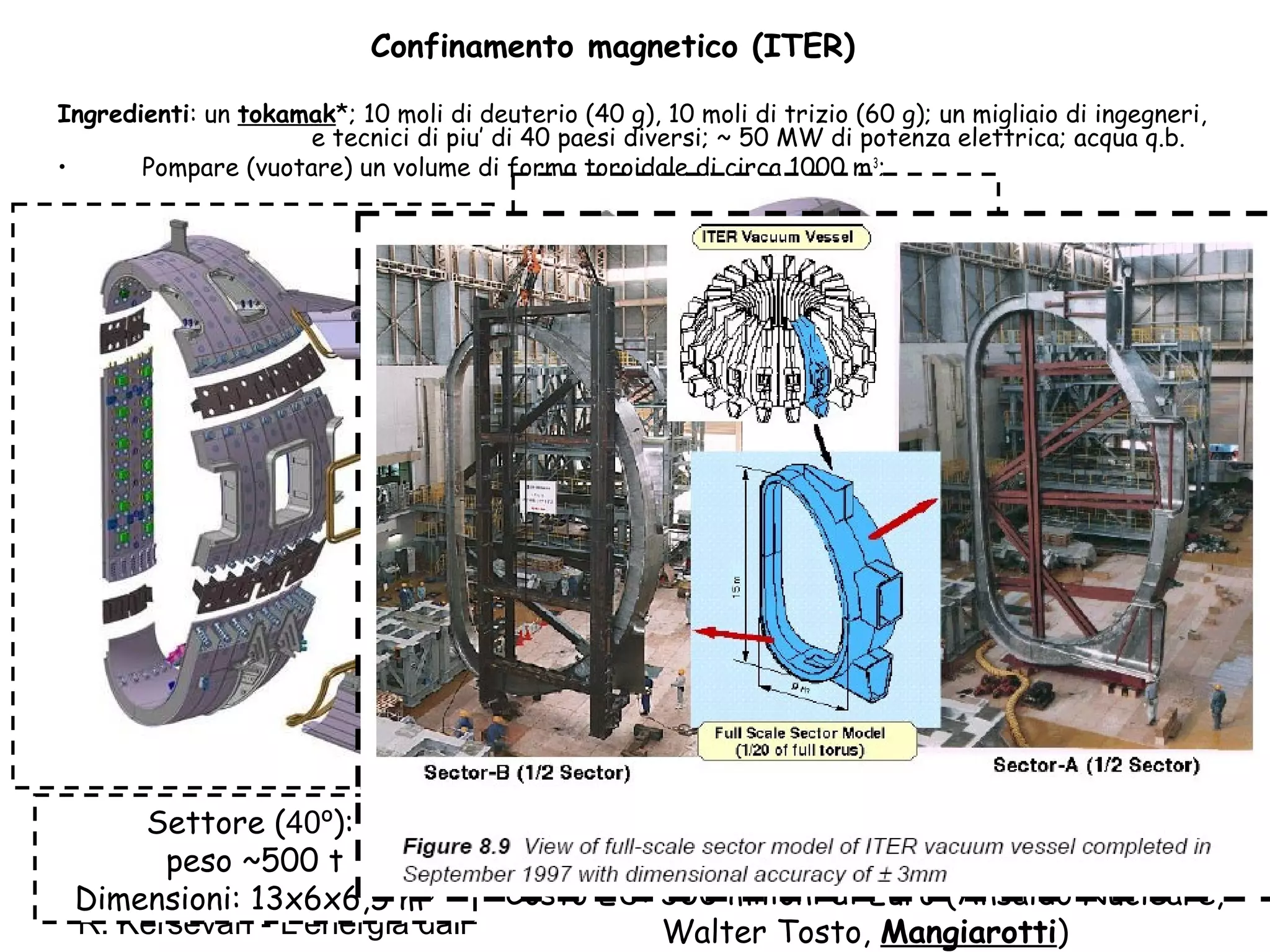 R. Kersevan - L'energia dalla fusione nucleare - Udine - 22 Ottobre 201029
Confinamento magnetico (ITER)
Ingredienti: un tokamak*; 10 moli di deuterio (40 g), 10 moli di trizio (60 g); un migliaio di ingegneri,
e tecnici di piu’ di 40 paesi diversi; ~ 50 MW di potenza elettrica; acqua q.b.
• Pompare (vuotare) un volume di forma toroidale di circa 1000 m3
;
Materiale: acciaio inox (IG); spessore 60 mm; doppia
parete; raffreddata/riscaldata con acqua sotto
pressione a 100-300 ºC, 11 atmosfere;
9 settori saldati assieme: 7 Europa, 2 Corea
(Hyundai Heavy Industries);
Costo EU: 300 milioni di Euro (Ansaldo Nucleare,
Walter Tosto, Mangiarotti)
Settore (40º):
peso ~500 t
Dimensioni: 13x6x6,5 m3
 