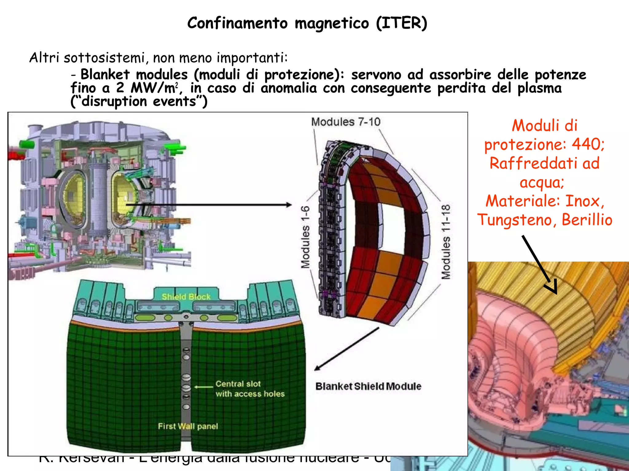 R. Kersevan - L'energia dalla fusione nucleare - Udine - 22 Ottobre 201040
Confinamento magnetico (ITER)
Altri sottosistemi, non meno importanti:
- Blanket modules (moduli di protezione): servono ad assorbire delle potenze
fino a 2 MW/m2
, in caso di anomalia con conseguente perdita del plasma
(“disruption events”)
Moduli di
protezione: 440;
Raffreddati ad
acqua;
Materiale: Inox,
Tungsteno, Berillio
 