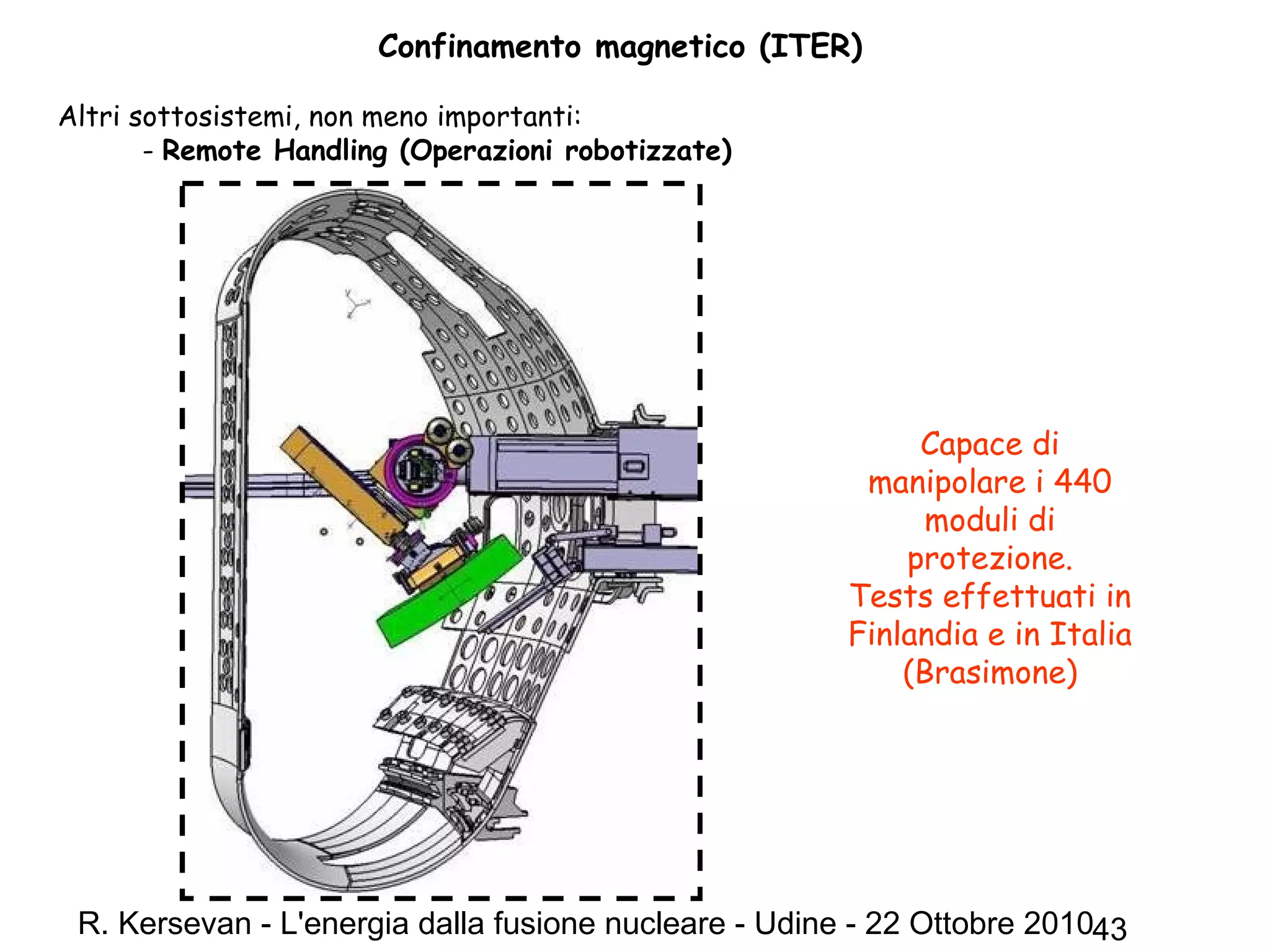 R. Kersevan - L'energia dalla fusione nucleare - Udine - 22 Ottobre 201043
Confinamento magnetico (ITER)
Altri sottosistemi, non meno importanti:
- Remote Handling (Operazioni robotizzate)
Capace di
manipolare i 440
moduli di
protezione.
Tests effettuati in
Finlandia e in Italia
(Brasimone)
 