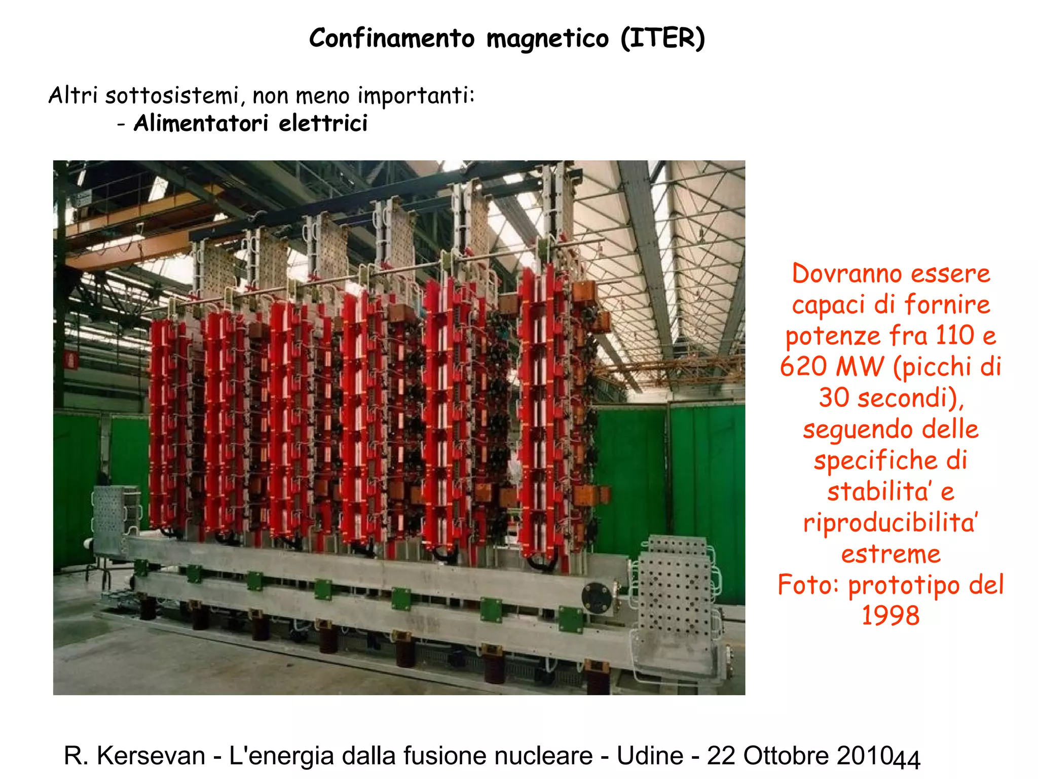 R. Kersevan - L'energia dalla fusione nucleare - Udine - 22 Ottobre 201044
Confinamento magnetico (ITER)
Altri sottosistemi, non meno importanti:
- Alimentatori elettrici
Dovranno essere
capaci di fornire
potenze fra 110 e
620 MW (picchi di
30 secondi),
seguendo delle
specifiche di
stabilita’ e
riproducibilita’
estreme
Foto: prototipo del
1998
 