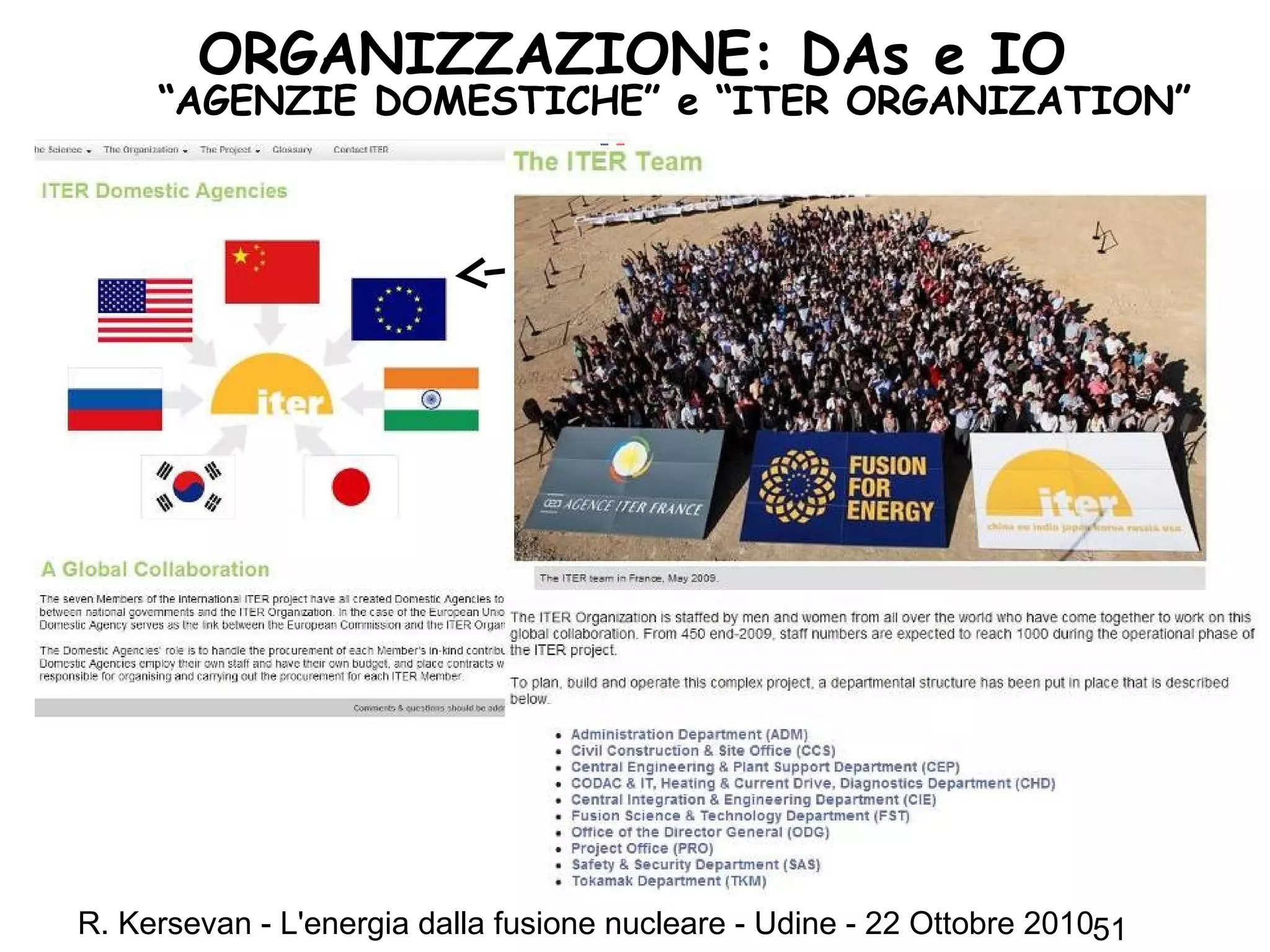 R. Kersevan - L'energia dalla fusione nucleare - Udine - 22 Ottobre 201051
ORGANIZZAZIONE: DAs e IO
“AGENZIE DOMESTICHE” e “ITER ORGANIZATION”
Agenzia Domestica Europea:
“Fusion for Energy” (“F4E”);
Barcellona
 