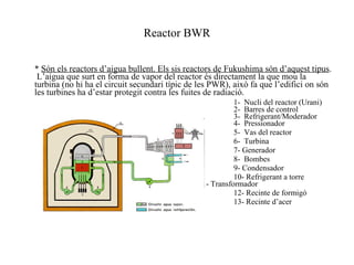 Reactor BWR *  Són els reactors d’aigua bullent. Els sis reactors de Fukushima són d’aquest tipus .  L’aigua que surt en forma de vapor del reactor és directament la que mou la turbina (no hi ha el circuit secundari típic de les PWR), això fa que l’edifici on són les turbines ha d’estar protegit contra les fuites de radiació.  1-  Nucli del reactor (Urani) 2-  Barres de control 3-  Refrigerant/Moderador 4-  Pressionador 5-  Vas del reactor 6-  Turbina 7- Generador 8-  Bombes 9- Condensador 10- Refrigerant a torre 11- Transformador 12- Recinte de formigó 13- Recinte d’acer 