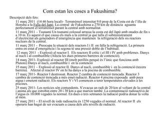 Com estan les coses a Fukushima? Descripció dels fets: 11 març 2011  (14:46 hora local)– Terratrèmol intensitat 9.0 prop de la Costa est de l’illa de Honshu a la  Falla del Japó . La central  de Fukushima a 270 km de distància  aguanta perfectament el terratrèmol parant la central amb normalitat. 11 març 2011 – Tsunami Un tsunami colossal arrassa la costa est del Japó amb onades de fin s a 10 m. És aquest el que causa els mals a la central ja que talla el subministrament d’electricitat als generadors d’emergència que mantenen  la refrigeració dels sis reactors nuclears de la central.  11 març 2011 -  Preocupa la situació dels reactors I i II  on falla la refrigeració. La primera entra en estat d’emergència i la segona té una pressió doble de l’habitual.   12 març 2011  - Explosió al reactor I.  Els reactors II crític i el III i IV amb problemes. Danys al nucli i al combustible (Afecta les dues primeres barreres de contenció). 14 març 2011- Explosió al reactor III (molt perillós perquè és l’únic que funciona amb Plutoni) Danys al nucli, combustible i  en la contenció  15 març 2011 – Explosió al reactor II. Danys al nucli, combustible i  en la contenció (tecera barrera).  Afectat el reactor IV on hi ha danys a la piscina de combustible. 17 març 2011- Reactor I destrossat. Reactor 2 cambra de contenció trencada. Reactor 3 cambra de contenció trencada a més emet radiació. Reactor 4 piscina exposada  amb poca aigua i emetent radiació. Els reactors V i VI comencen a tenir temperatures elevades a les piscines. 25 març 2011- Les notícies són contundents. S’evacua un radi de 20 km al voltant de la central i anima als que estrobin entre 20 i 30 km a que marxin també. La contaminació radioactiva de l’aigua és 10.000 vegades la normal. En dues o tres setmanes la radiació podria donar la volta al món. 27 març 2011 – El nivell de iode radioactiu és 1250 vegades el normal. Al reactor II  els operaris han hagut de ser evacuats a causa dels alts nivells de radiació.  