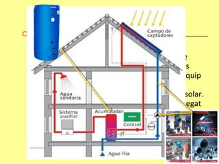 Subsistema de consum:  Està format per les canonades i elements que enllacen l’emmagatzematge amb els diferents punts de demanda. Una part important es l’equip d’energia auxiliar, encarregat de facilitar un suport energètic, en cas de manca d’energia solar. Una altra part es el sistema de control encarregat de l’accionament de la bomba, vàlvules de tres vies... 
