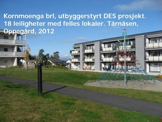 Kornmoenga brl, utbyggerstyrt DES prosjekt.
18 leiligheter med felles lokaler. Tårnåsen,
Oppegård, 2012

 