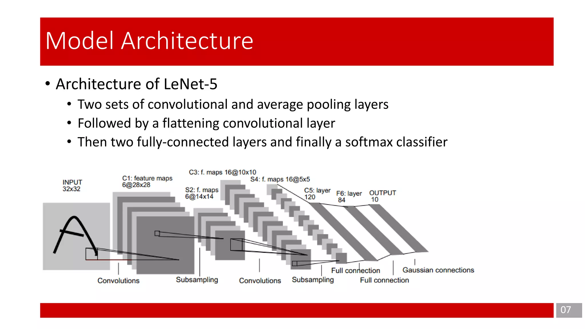 • Architecture of LeNet-5
• Two sets of convolutional and average pooling layers
• Followed by a flattening convolutional layer
• Then two fully-connected layers and finally a softmax classifier
07
Model Architecture
 