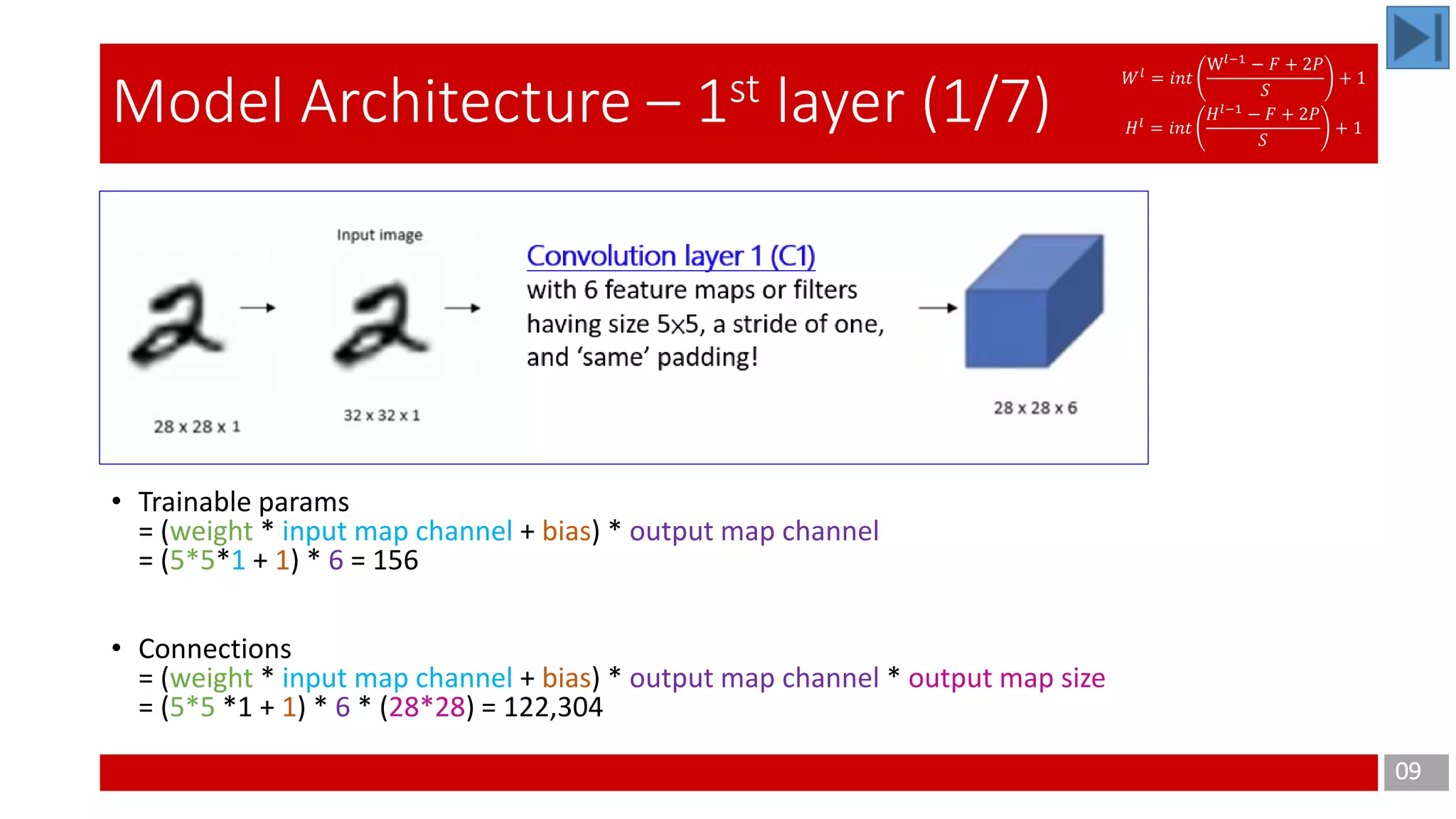 09
Model Architecture – 1st layer (1/7)
• Trainable params
= (weight * input map channel + bias) * output map channel
= (5*5*1 + 1) * 6 = 156
• Connections
= (weight * input map channel + bias) * output map channel * output map size
= (5*5 *1 + 1) * 6 * (28*28) = 122,304
𝑊 𝑙
= 𝑖𝑛𝑡
W𝑙−1
− 𝐹 + 2𝑃
𝑆
+ 1
𝐻 𝑙
= 𝑖𝑛𝑡
𝐻 𝑙−1
− 𝐹 + 2𝑃
𝑆
+ 1
Convolution layer 1 (C1)
with 6 feature maps or filters
having size 5×5, a stride of one,
and ‘same’ padding!
 