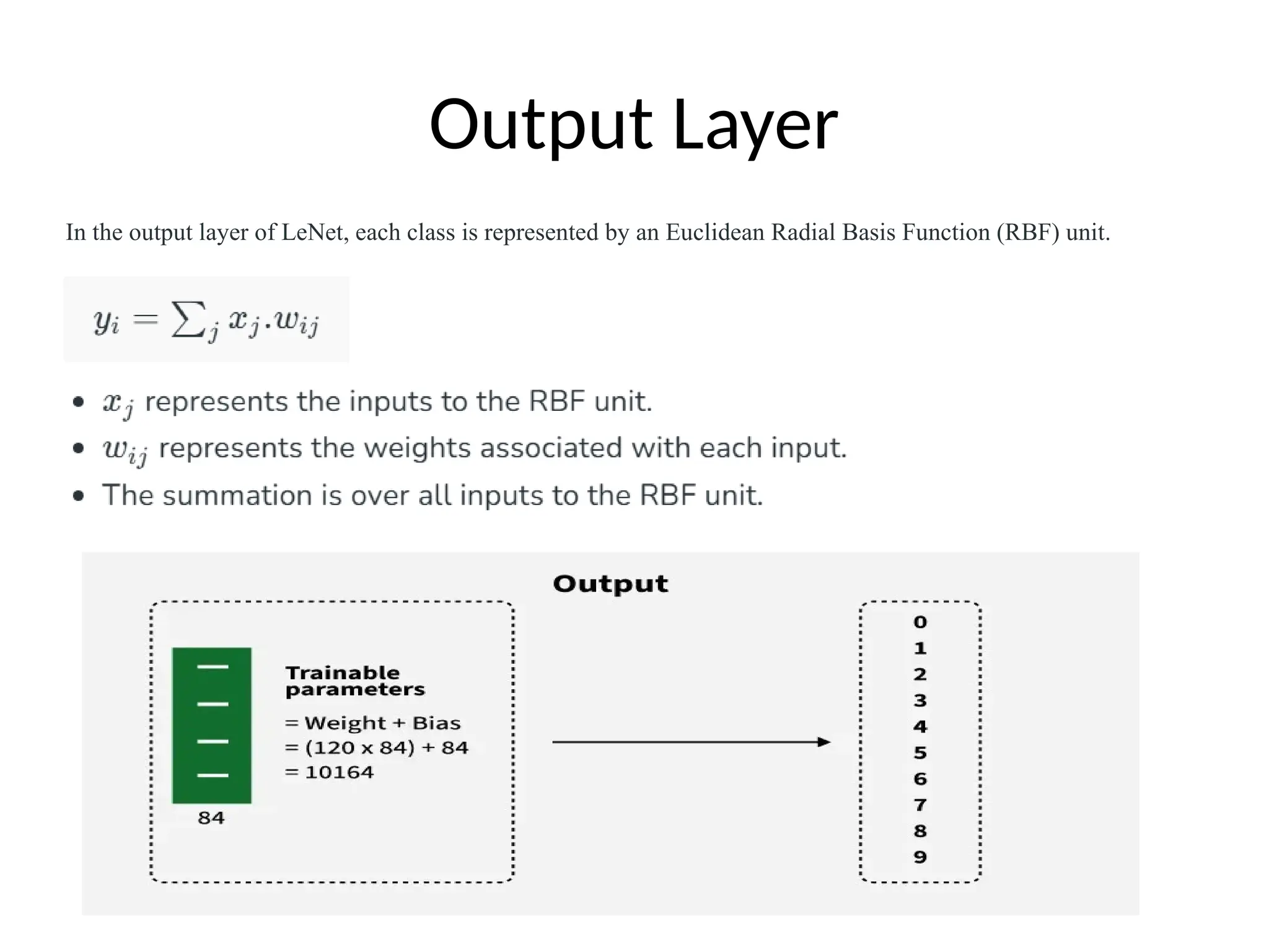 Output Layer
In the output layer of LeNet, each class is represented by an Euclidean Radial Basis Function (RBF) unit.
 