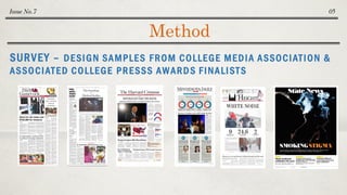 Method
Issue No.7 05
SURVEY – DESIGN SAMPLES FROM COLLEGE MEDIA ASSOCIATION &
ASSOCIATED COLLEGE PRESSS AWARDS FINALISTS
 