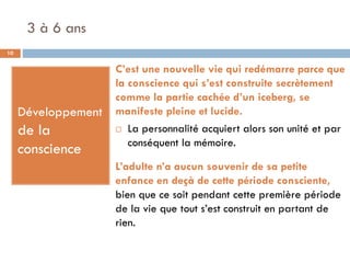 3 à 6 ans
10


                     C’est une nouvelle vie qui redémarre parce que
                     la conscience qui s’est construite secrètement
                     comme la partie cachée d’un iceberg, se
     Développement   manifeste pleine et lucide.
     de la            La personnalité acquiert alors son unité et par
                        conséquent la mémoire.
     conscience
                     L’adulte n’a aucun souvenir de sa petite
                     enfance en deçà de cette période consciente,
                     bien que ce soit pendant cette première période
                     de la vie que tout s’est construit en partant de
                     rien.
 