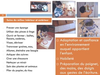 21


     Soins du milieu intérieur et extérieur

 -   Presser une éponge
 -   Utiliser des pinces à linge
 -   Ouvrir et fermer : boîtes,
     flacons, cadenas,
                                                 Adaptation et confiance
 -   Visser, dévisser
 -   Transvaser graines, eau,
                                                  en l’environnement
 -   Allumer, éteindre une bougie                 auquel appartient
 -   Astiquer des cuivres                         l’enfant.
 -   Cirer une chaussure                         Habileté
     Nettoyer un miroir
 -
                                                 Préparation du poignet,
 -   Soin des plantes et animaux
 -   Plier du papier, du tissu
                                                  des mains, des doigts
                                                  aux gestes de l’écriture.
 