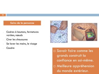 22




        Soins de la personne


 -   Cadres à boutons, fermetures
     variées, nœuds
 -   Cirer les chaussures
 -   Se laver les mains, le visage
 -   Coudre
                                        Savoir faire comme les
                                         grands construit la
                                         confiance en soi-même.
                                        Meilleure appréhension
                                         du monde extérieur.
 