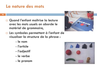 La nature des mots
36


        Quand l’enfant maîtrise la lecture
         avec les mots usuels on aborde le
         matériel de grammaire,
        Les symboles permettent à l’enfant de
         visualiser la structure de la phrase :
              - le nom
              - l’article
              - l’adjectif
              - le verbe
              - le pronom
 