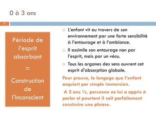 0 à 3 ans
7

                     L’enfant vit au travers de son
                      environnement par une forte sensibilité
    Période de        à l’entourage et à l’ambiance.
      l’esprit       Il assimile son entourage non par

    absorbant         l’esprit, mais par un vécu.
                     Tous les organes des sens ouvrent cet
         =            esprit d’absorption globale.
                    Pour preuve, le langage que l’enfant
    Construction    acquiert par simple immersion.
          de         A 2 ans ½, personne ne lui a appris à
    l’inconscient   parler et pourtant il sait parfaitement
                    construire une phrase.
 