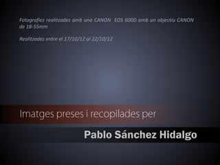 Fotografies realitzades amb una CANON EOS 600D amb un objectiu CANON
de 18-55mm

Realitzades entre el 17/10/12 al 22/10/12




Imatges preses i recopilades per

                            Pablo Sánchez Hidalgo
 