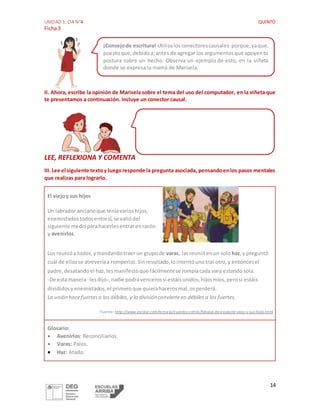 UNIDAD 1: OA N°4 QUINTO
Ficha3
14
II. Ahora, escribe la opinión de Marisela sobre el tema del uso del computador, en la viñeta que
te presentamos a continuación. Incluye un conector causal.
LEE, REFLEXIONA Y COMENTA
III. Lee el siguiente textoy luegoresponde la pregunta asociada, pensandoenlos pasos mentales
que realizas para lograrlo.
El viejoy sus hijos
Un labrador ancianoque teníavarioshijos,
enemistadostodosentresí,se valiódel
siguiente medioparahacerlesentrarenrazón
y avenirlos.
Los reunióa todos,ymandandotraer un grupode varas, lasreunióenun solo haz,y preguntó
cuál de ellos se atreveríaa romperlas.Sinresultado,lointentóunotrasotro,y entoncesel
padre,desatandoel haz,lesmanifestóque fácilmentese rompíacada vara estandosola.
-De estamanera -lesdijo-,nadie podrávencerossi estáisunidos,hijosmíos,perosi estáis
divididosyenemistados,el primeroque quierahacerosmal,osperderá.
La unión hacefuertesa los débiles, y la división convierteen débiles a los fuertes.
Fuente: http://www.escolar.com/lecturas/cuentos-cortos/fabulas-de-esopo/el-viejo-y-sus-hijos.html
Glosario:
 Avenirlos: Reconciliarlos.
 Varas: Palos.
 Haz: Atado.
¡Consejode escritura! Utilizalosconectorescausales:porque,yaque,
puestoque,debidoa;antes de agregar los argumentosque apoyentu
postura sobre un hecho. Observa un ejemplo de esto, en la viñeta
donde se expresa la mamá de Marisela.
 