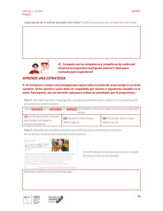 UNIDAD 1: OA N°4 QUINTO
Ficha3
15
¿Qué opinas de la actitud del padre del relato? Justificatuposturacon un ejemplodelrelato.
IV. Comparte con tus compañeros y compañeras de modo oral:
¿Cuál fue tu respuestaa la pregunta anterior? ¿Qué pasos
realizaste para responderla?
APRENDE UNA ESTRATEGIA
V. Te invitamosa conocer una estrategiapara opinar sobre la acción de un personaje enun texto
narrativo. Dicha opinión o juicio debe ser respaldado por razones o argumentos basados en el
texto. Para lograrlo, lee con atención cada paso y realiza las actividades que te proponemos.
Paso 1: Siempre que leasunapregunta,subrayalaspalabrasclaves,comoenel ejemploque te
presentamosacontinuación:
¿Qué opinas(1) de laactitud(2) del padre(3) del relato? Justifica tu postura con un ejemplo del
relato.
(1) Acciónque debesrealizar
para poderentregartu
respuesta:opinar.
(2) Situaciónsobre laque
debes opinar.
(3) Personaje sobre el que
debesopinar.
Paso 2: Identificaenel textoel problemaoconflictoque se presentayenciérralo
enun círculo, comote presentamosacontinuación.
El conflictodel relatoconsisteenque unpadre
tiene asus hijos enemistados.
Explicael conflictocontuspalabrasaquí:
 