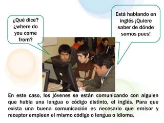 Está hablando en
¿Qué dice? inglés ¡Quiere
¿where do saber de dónde
you come somos pues!
from?
En este caso, los jóvenes se están comunicando con alguien
que habla una lengua o código distinto, el inglés. Para que
exista una buena comunicación es necesario que emisor y
receptor empleen el mismo código o lengua o idioma.