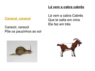 Caracol, caracol Caracol, caracol Põe os pauzinhos ao sol Lá vem a cabra cabrês Lá vem a cabra Cabrês Que te salta em cima Ele faz em três  