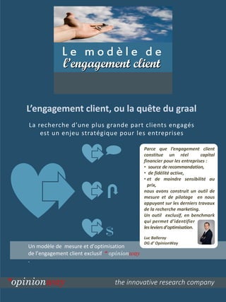 L’engagement client, ou la quête du graal 
the innovative research company 
Le modèle de 
l’engagement client 
Parce que l’engagement client constitue un réel capital financier pour les entreprises : 
• source de recommandation, 
• de fidélité active, 
•et de moindre sensibilité au prix, 
nous avons construit un outil de mesure et de pilotage en nous appuyant sur les derniers travaux de la recherche marketing. 
Un outil exclusif, en benchmark qui permet d’identifier 
les leviers d’optimisation. 
Luc Balleroy DG d’ OpinionWay 
“opinionway 
Un modèle de mesure et d’optimisation de l’engagement client exclusif “ opinionway . 
La recherche d’une plus grande part clients engagés est un enjeu stratégique pour les entreprises  