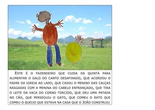ESTE É O FAZENDEIRO QUE CUIDA DA QUINTA PARA ALIMENTAR O GALO DO CANTO DESAFINADO, QUE ACORDOU O PADRE DA IGREJA AO LADO, QUE CASOU O MENINO DAS CALÇAS RASGADAS COM A MENINA DO CABELO ENTRANÇADO, QUE TIRA O LEITE DA VACA DO CORNO TORCIDO, QUE DEU UMA PATADA NO CÃO, QUE PERSEGUIU O GATO, QUE COMEU O RATO QUE COMEU O QUEIJO QUE ESTAVA NA CASA QUE O JOÃO CONSTRUIU. 
 