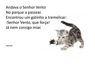 Andava o Senhor Vento
No parque a passear.
Encontrou um gatinho a tremelicar:
-Senhor Vento, que força!
Já nem consigo miar.
Leonor
 