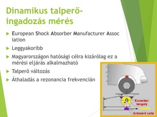 Dinamikus talperő-
ingadozás mérés
 European Shock Absorber Manufacturer Assoc
iation
 Leggyakoribb
 Magyarországon hatósági célra kizárólag ez a
mérési eljárás alkalmazható
 Talperő változás
 Áthaladás a rezonancia frekvencián
 