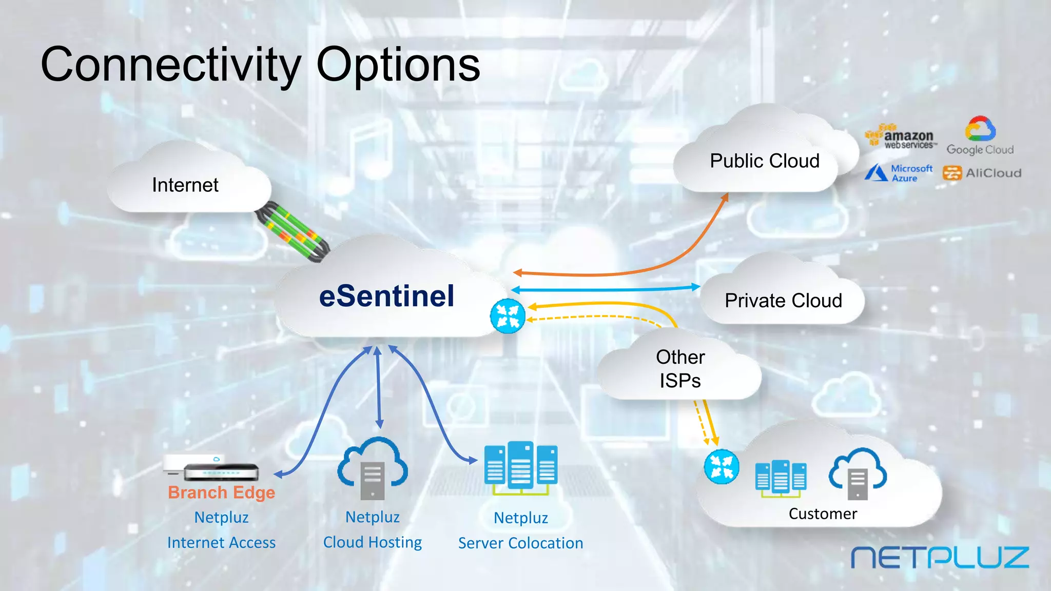 Customer
Connectivity Options
eSentinel
Internet
Branch Edge
Netpluz
Internet Access
Netpluz
Cloud Hosting
Netpluz
Server Colocation
Other
ISPs
Private Cloud
Public Cloud
 