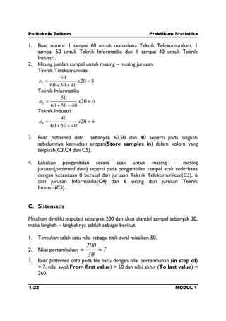 Politeknik Telkom Praktikum Statistika
1-22 MODUL 1
1. Buat nomor 1 sampai 60 untuk mahasiswa Teknik Telekomunikasi, 1
sampai 50 untuk Teknik Informatika dan 1 sampai 40 untuk Teknik
Industri.
2. Hitung jumlah sampel untuk masing – masing jurusan.
Teknik Telekomunikasi
820
405060
60
1 xn
Teknik Informatika
620
405060
50
2 xn
Teknik Industri
620
405060
40
3 xn
3. Buat patterned data sebanyak 60,50 dan 40 seperti pada langkah
sebelumnya kemudian simpan(Store samples in) dalam kolom yang
terpisah(C3,C4 dan C5).
4. Lakukan pengambilan secara acak untuk masing – masing
jurusan(patterned data) seperti pada pengambilan sampel acak sederhana
dengan ketentuan 8 berasal dari jurusan Teknik Telekomunikasi(C3), 6
dari jurusan Informatika(C4) dan 6 orang dari jurusan Teknik
Industri(C5).
C. Sistematis
Misalkan dimiliki populasi sebanyak 200 dan akan diambil sampel sebanyak 30,
maka langkah – langkahnya adalah sebagai berikut
1. Tentukan salah satu nilai sebagai titik awal misalkan 50.
2. Nilai pertambahan 7
30
200
3. Buat patterned data pada file baru dengan nilai pertambahan (in step of)
= 7, nilai awal(From first value) = 50 dan nilai akhir (To last value) =
260.
 