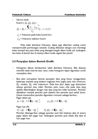 Politeknik Telkom Praktikum Statistika
2-5 MODUL 2
- Ukuran letak
Kuarti ( 32 ,, QQQi )
3,2,1,4
ip
f
ff
BQ
p
spt
i
bi
pf = frekuensi pada kelas kuartil ke-i
spf = frekuensi sebelum kuarti
Pada tabel distribusi frekuensi, dapat juga diberikan coding untuk
mempermudah perhitungan statistik. Coding dilakukan dengan cara membagi
kelas menjadi dua yaitu kelas yang ditengah-tengah diberi kode nol, sedangkan
dua kelas di bawah dan di atasnya diberi kode negatif dan positif.
2.5 Penyajian dalam Bentuk Grafik
Histogram dibuat berdasarkan tabel distribusi frekuensi. Bila datanya
memiliki skala interval atau rasio, maka histogram dapat digunakan untuk
menyajikan data.
Box plot merupakan bentuk penyajian data yang hanya menggunakan
beberapa statistik yang disebut ringkasan lima angka yaitu nilai minimum,
Q1, median, Q3, nilai maksimum. Pada box plot dapat juga ditentukan
adanya pencilan atau tidak. Pencilan yaitu suatu nilai pada data yang
apabila dibandingkan dengan nilai data yang lain tidak konsisten. Pencilan
dibedakan menjadi pencilan jauh (dalam) dan pencilan jauh sekali (luar).
Untuk menentukan pencilan digunakan rumusan sebagai berikut :
Pagar dalam (p)
13321311 5.15.1 QQQpQQQp
Pagar luar (P)
13321311 22 QQQPQQQP
Pencilan dikatagorikan sebagai pencilan jauh bila letaknya data di antara
pagar dalam dan pagar luar. Sedangkan pencilan jauh sekali, bila data di
luar pagar luar.
 