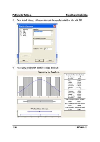 Politeknik Telkom Praktikum Statistika
2-8 MODUL 2
3. Pada kotak dialog, isi kolom tempat data pada variables, lalu klik OK
4. Hasil yang diperoleh adalah sebagai berikut :
 
