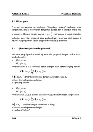 Politeknik Telkom Praktikum Statistika
5-11 MODUL 5
5.2 Uji proporsi
Proporsi menyatakan perbandingan “banyaknya sukses” terhadap total
pengamatan. Bila x menyatakan banyaknya sukses dari n ulangan, maka nilai
proporsi p dihitung dengan rumus :
n
x
p .Uji proporsi dapat dilakukan
terhadap satu nilai proporsi atau perbandingan beberapa nilai proporsi.
Asumsi yang digunakan adalah proporsi berdistribusi binomial.
5.2.1 Uji terhadap satu nilai proporsi
Hipotesis yang digunakan untuk uji satu nilai proporsi dengan taraf antara
lain berbentuk :
a. 00 : ppH
01 : ppH
Wilayah kritik: ax dimana a adalah bilangan bulat terbesar yang bersifat
a
x
pnxbaXP
0
0;;
0p;n;xb : Distribusi Binomial dengan parameter n dan p0
n : banyaknya eksperimen/ulangan
p0 : peluang “sukses”
b. 00 : ppH
01 : ppH
Wilayah kritik ax dimana a adalah bilangan bulat terkecil yang bersifat
n
ax
pnxbaXP 0;;
0;; pnxb : binomial dengan parameter n dan p0
n : banyaknya eksperimen/ulangan
p0 : peluang “sukses”
 