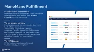 ManoMano Fulfillment
Le tableau des commandes
Les commandes du programme Mano Fulfillment
vont apparaître directement avec le statut
Expédié sur notre plateforme.
Via les plugins Lengow
Pour faire remonter les commandes dans votre
back-office e-commerce
- Prestashop, Magento 1 & 2, Shopify,
Shopware : activez l'option pour importer les
commandes expédiées par les marketplaces
- WooCommerce : il n'est pour le moment pas
possible d'importer ces commandes
Via l’API Lengow
L'information remonte dans le nœud
"is_delivered_by_marketplace"
 